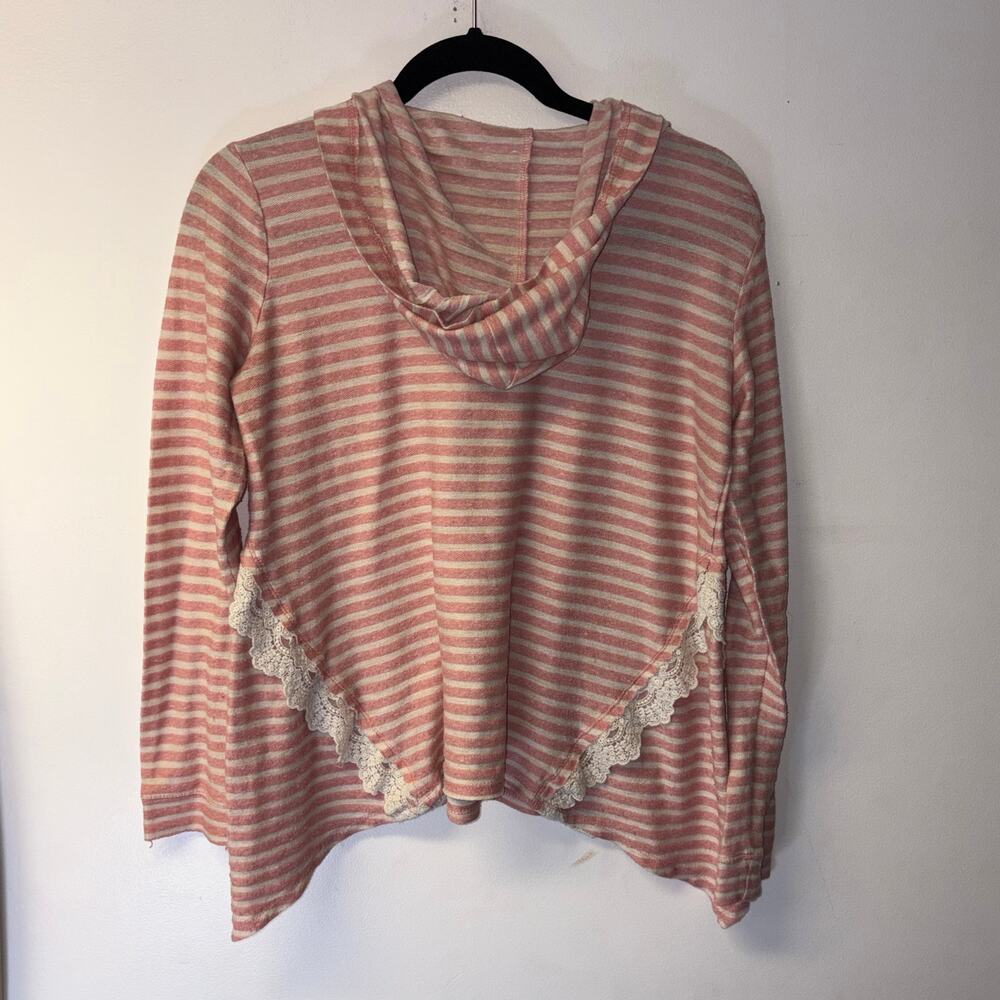 Soft Pink Stripe Lace Trim Boho Hoodie